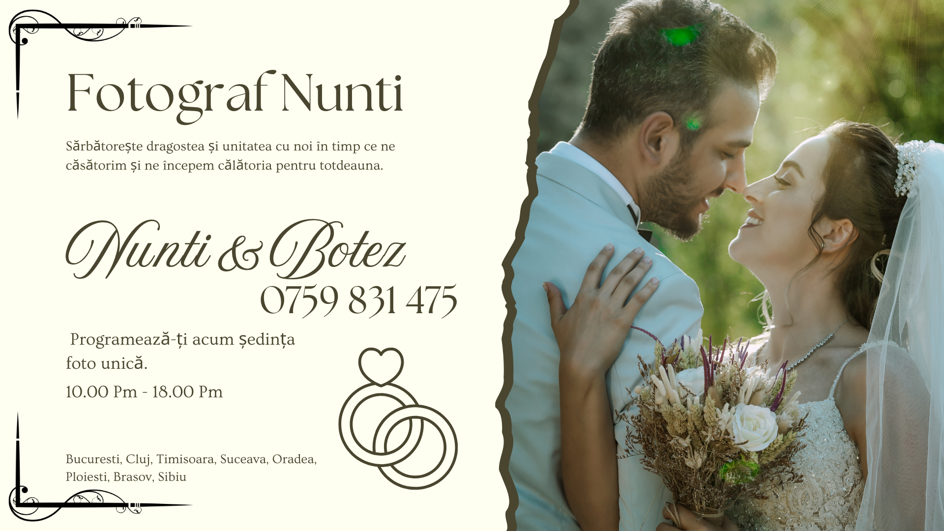 fotograf profesionist - fotograf profesionist în București - fotograf nunti în București
fotograf profesionist în Ploiești - fotograf nunti în Ploiești
Sărbătorește dragostea și unitatea cu noi în timp ce ne căsătorim și ne începem călătoria pentru totdeauna.
https://www.fotovideostudio.eu/
